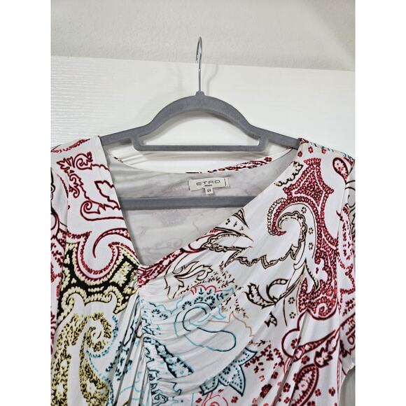 Etro Milano Viscose Jersey Paisley Asymmetrical Ruched Sheath Midi Dress Size 44 - Picture 4 of 13